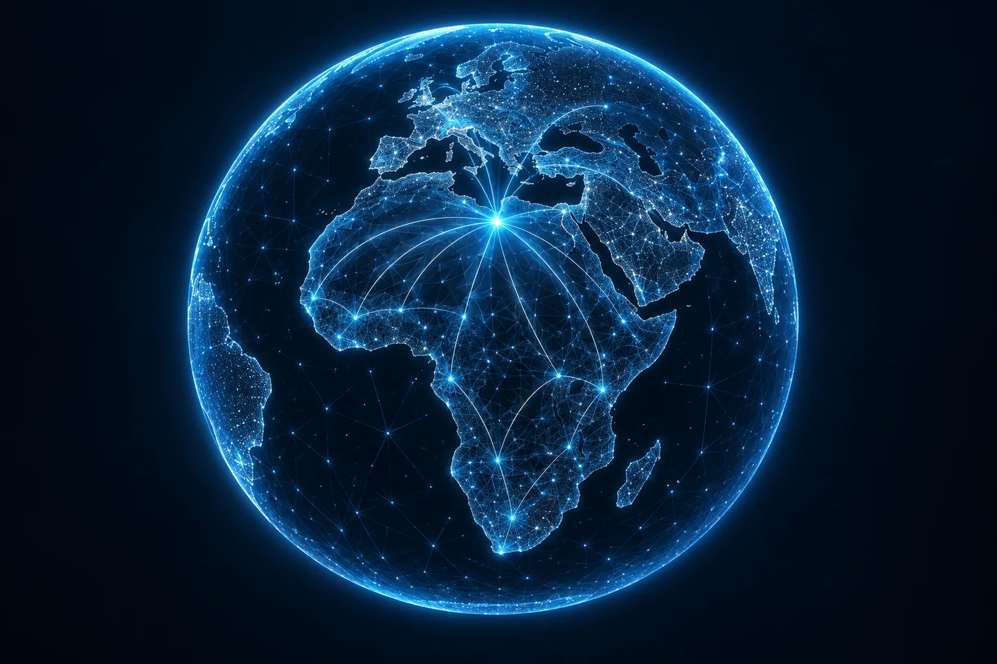 Illustrative digital Earth with a symbolic connection point over Libya, not operational data.